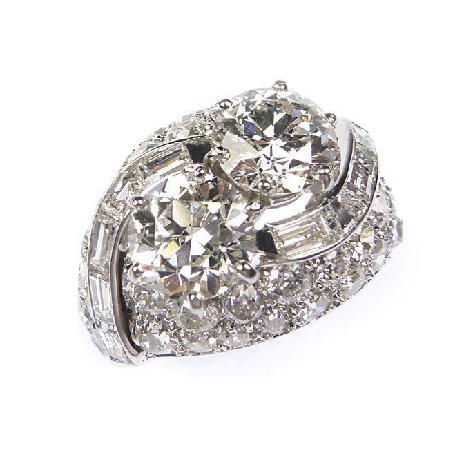 Two stone diamond bombe cluster ring  topped by principal round brilliant cut stones | MasterArt